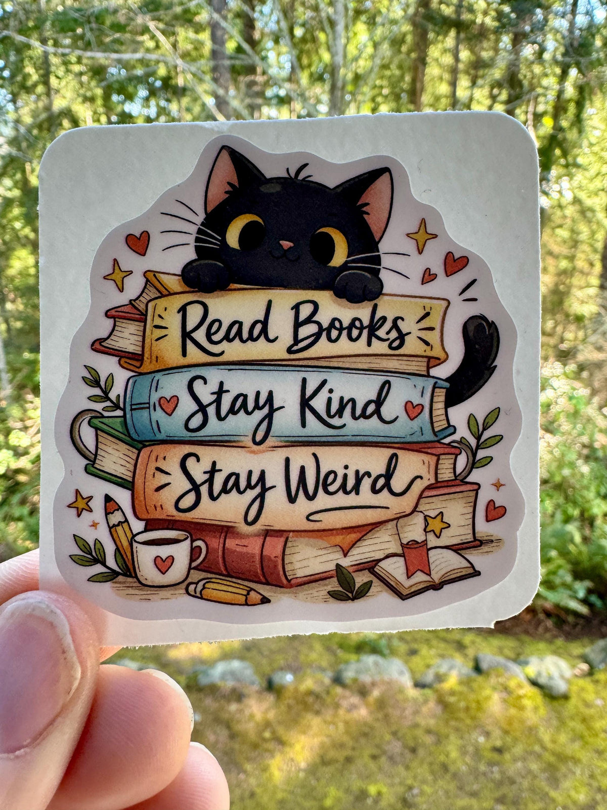 Read Books, Stay Kind, Stay Weird – Black Cat Book Stack Sticker